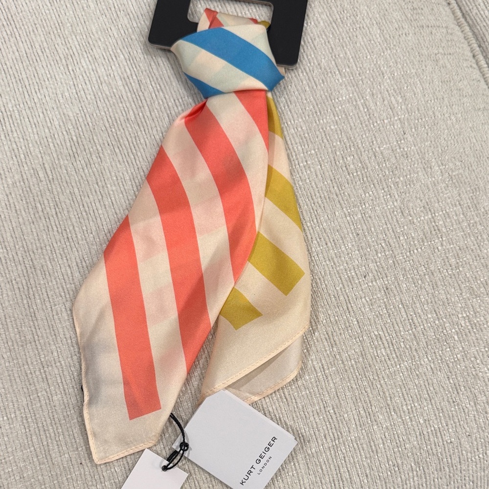 Kurt Geiger Striped Silk Twilly in Coral, Yellow & Blue
